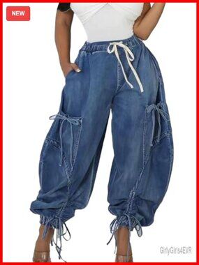 Drawstring Ankle Tie Cargo Parachute Jeans High Rise Baggy Barrel Y2K Women's